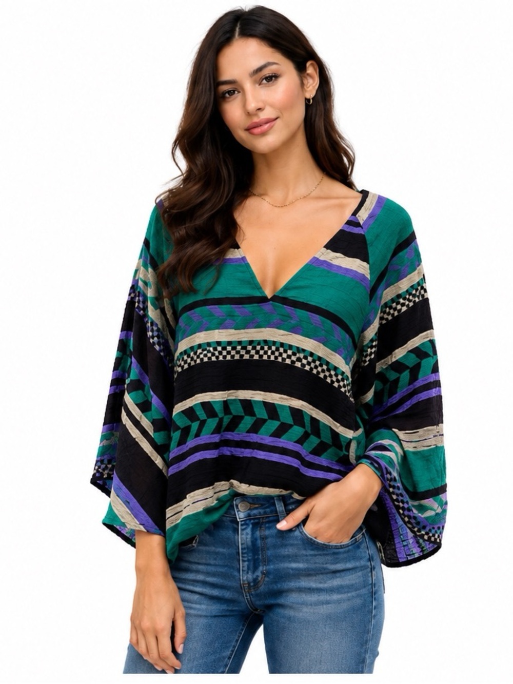 Anthropologie Traffic People Geometric Retro Boho V-Neck Blouse Top